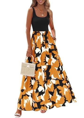 KIRUNDO Women Summer Sleeveless Boho Floral Maxi Dress 2026 Scoop Neck Tank A Line Flowy Beach Vacation Resort Wear Sundress(Black Brown Yellow, XX-Large) - Image 1
