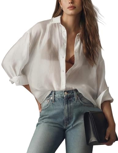 Wyeysyt Womens Shiny Sheer Blouse Top Sexy Mesh Shirt See Through Long Sleeve Shirts Button Down Collared Tops(White-M) - Image 1