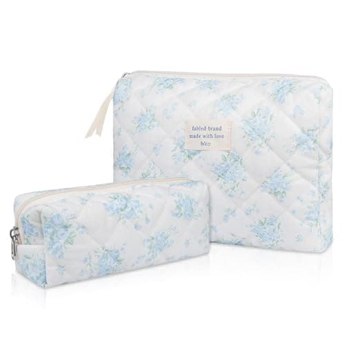Gosect 2PC Makeup Bag Set, Cute Cosmetic Bag for Women Girls, Floral Coquette Aesthetic Toiletry Bag, Travel Make Up Organizer Bag (Blue Rose) - Image 1