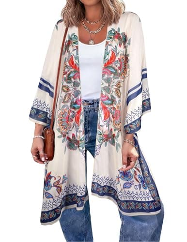 BB&KK Swimsuit Coverup for Pluse Size Women Chiffon Kimono Boho Floral Beach Bathing Suit Cover Ups for Swimwear Flowy Casual Loose Summer Cardigan Vocation Outfit XXL White Flower - Image 1