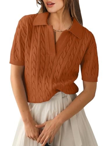 ANRABESS Women's Short Sleeve Sweaters Tops Polo V Neck Cable Knit Casual Soft Pullover Shirts 2026 Summer Outfits Rust Small - Image 1