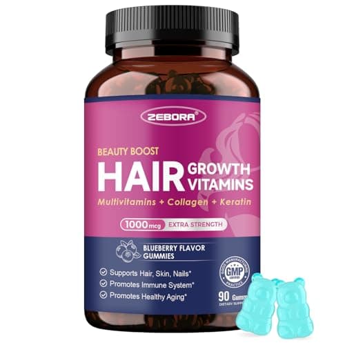 ZEBORA Biotin Gummies with Hyaluronic Acid, Keratin and Collagen – Extra Strength Hair Skin and Nails Vitamins for Women - Hair Growth Women and Men - 90 Blueberry Gummies - Image 1
