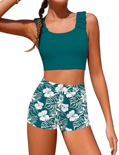 GEMLON Girl Tankini Swimsuit Cross Cut-Out Back Ruched Straps Tank with Tropical Printed Shorts Girls Swimsuits Size 10-12 - Image 1