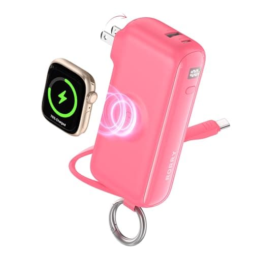RORRY Flow Portable Charger, 10000mAh 40W Fast Charging Power Bank with Built-in USB C Cable and Foldable Wall Plug, Battery Pack Travel Essentials for iPhone 17/16/15, Apple Watch, iPad, MacBook