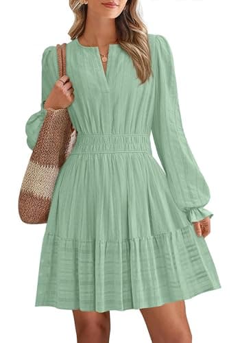 BTFBM Mini Dresses for Women 2026 Casual Lightweight Long Sleeve V Neck A Line Elastic Waist Party Holiday Dress(Sage Green, Small) - Image 1