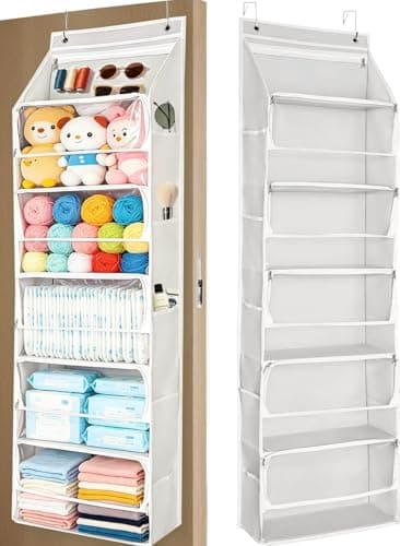 Over Door Organizer Stuffed Animal Storage, Zipper Closure Behind Door Hanging Toy/Plush Organizer , Clear Window Bathroom/Bedroom/Closet Holder Bag for Nursery Purse/Handbag, 1Pack, 5 Tier,Beige - Image 1