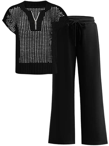 ANRABESS Womens 2 Piece Outfits Crochet Knit Half Zip Sweater Top Wide Leg Pants Summer Lounge Matching Sets Travel Clothes Black Small - Image 1