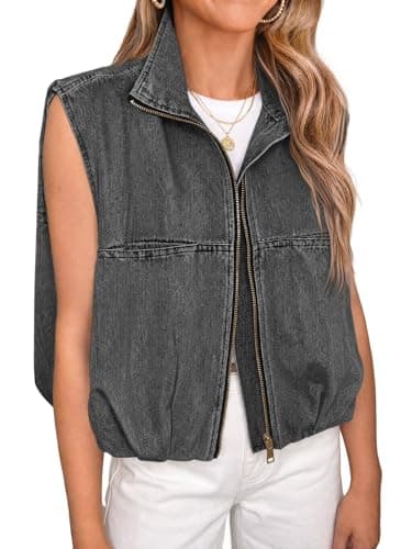 Tankaneo Womens Zip Up Denim Vests Oversized Ruched Hem Jean Tops Summer Trendy Casual Sleeveless Jackets - Image 1