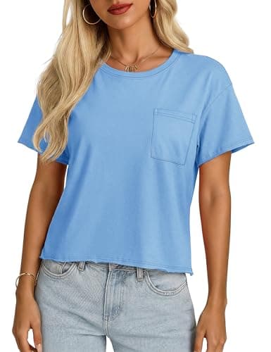 YUCOLEN Women's Crop Tops Cotton Summer Short Sleeve Crew Neck Casual Loose Cropped Basic T-Shirts with Pocket Water Blue L - Image 1