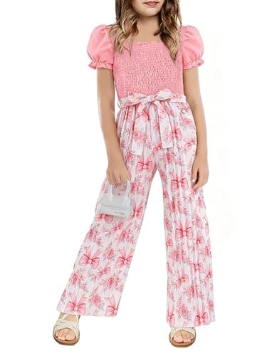 Kislio Girls Jumpsuit Kids Fashion Puff Sleeve Belted Wide Leg Romper One Piece Outfits Floral Smocked Girls Clothes - Image 1