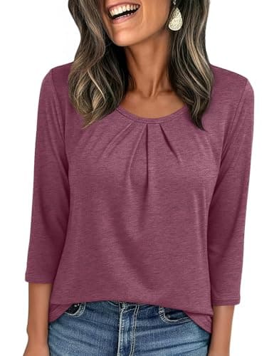 JUSTFASHIONNOW Womens 3/4 Length Sleeve Tops Crewneck Pleated T-Shirts Dressy Casual Tunic Basic Business Blouses(Rose Purple Large) - Image 1