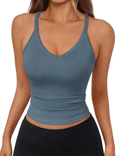 Trendy Queen Womens Racerback Ribbed Tank Tops Soft Stretch V Neck Workout Casual Tops Summer Sleeveless Crop Camisole Greyblue M - Image 1