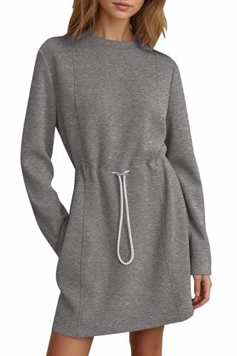 COCOMARTS Womens Casual Long Sleeve Crewneck Sweatshirt Dress Drawstring Waistband Tunic Tops Vacation Mini Dresses 2025 Fall Grey X-Large - Image 1