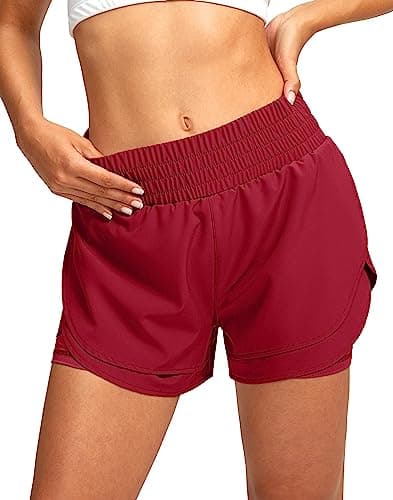 Soothfeel Women's 2 in 1 Running Shorts High Waisted Athletic Shorts Exercise Gym Workout Shorts for Women with Pockets Red - Image 1