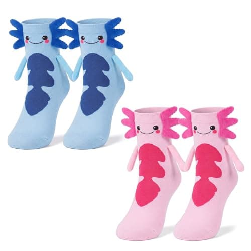 COZYMATE Crazy Socks for Kids 2 Pairs Funny Animal Axolotl Holding Hands Socks with Magnet for Women Girls Boys Birthday Gift (US, Alpha, One Size, Regular, Regular, Pink&Blue) - Image 1
