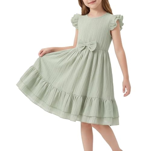 Mariy Riseni Girls Summer Sundress Ruffle Bowknot A-Line Casual Birthday Party Dress for Little Kids 5-12 Y Green - Image 1