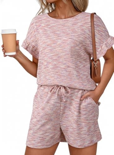 Dokotoo Women's 2 Piece Outfits Summer Casual Short Sleeve Top and Shorts Set Soft Lounge Matching Sets for Vacation Going Out with Pockets Light Pink Small - Image 1