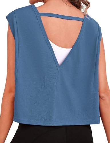 Quenteen Women Cropped Open Back Sleeveless Tank Tops Casual Yoga Y2k Athletic Gym Loose Fit Shirts Blue L - Image 1
