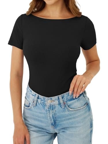 GKBK Boat Neck Tops for Women Ribbed Short Sleeve T-Shirts Slim Fitted Tight Compression Top Soft Y2K Basic Casual Going Out Tops for Spring Summer 2026 Trendy Fashion Outfits Black - Image 1