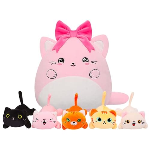 Cat with 5 babies Stuffed Animals - 15 Inch Cats Mommy with Small Babies Plush Inside 6-Piece Cute Realistic Cat Plushies Machine Wash Interactive Adopt Toy Toddler Girls Boys 0-8 Kids Birthdays Gift