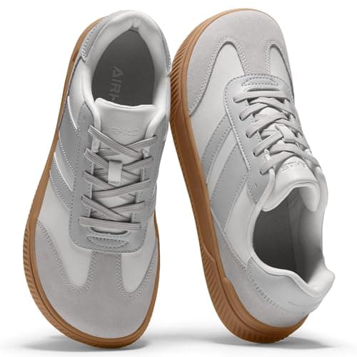 AIRHAS Womens Wide Toe Box Barefoot Shoes Fashion Zero Drop Sneakers for Women Walking Vegan Leather Minimalist Shoes(White/ Grey6.0)