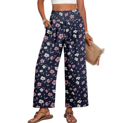Lepunuo Wide Leg Palazzos Floral Print High Waisted Pants Women Summer Casual Flowy Ankle Length Beach Trousers Large - Image 1
