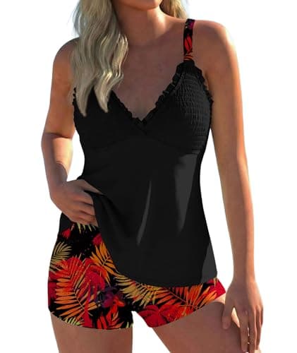 Urchics Two Piece Tankini Swimsuits for Women Smocked Tummy Control Bathing Suits Flowy Swim Dress Tops with Boy Shorts Swim Suits 2026 V Neck Swim Shorts and Tops Sets Tropical Black M - Image 1