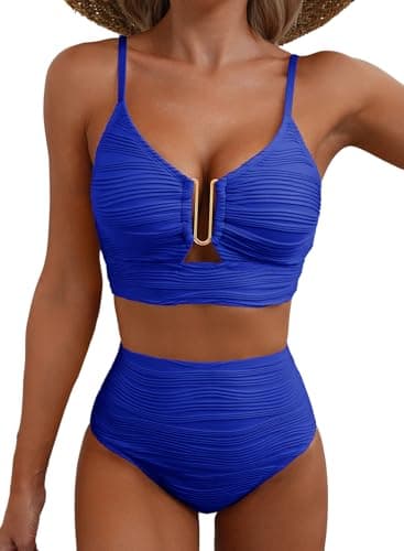 Herseas 2 Piece Popular Bikini Sets U-Wire Cutout Padded Supportive Swimsuit High Waisted 2026 Summer Beach Fashion Bathing Suits Vintage Holiday Outfits Bright Blue XX-Large - Image 1