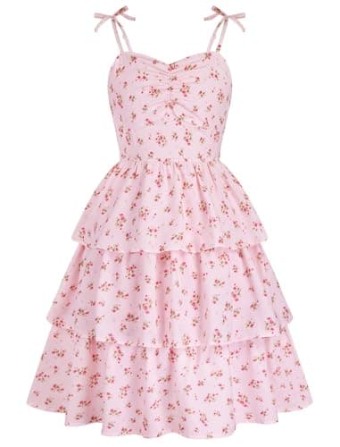 HOZIY Teen Girl Dresses Size 12-14 Cute Casual Pink Floral Summer Spring Sundresses Spaghetti Strap Tween Graduation Party Special Occasion Short Dress - Image 1