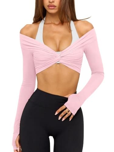 LASLULU Womens Long Sleeve Workout Tops Sexy Off the Shoulder Twist Front Bolero Shrugs Yoga Gym Ballet Wrap Tops Pilates Outfits (Light Pink, Small) - Image 1
