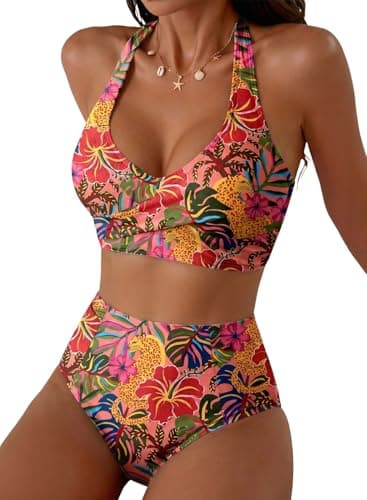 Herseas Women's High Waisted 2 Piece Red Bikini Sets V Neck Halter Patch Pocket Swim Suits Twist Front Removable Pad Teen Girls Bathing Suit Cruise Essentials Tropical Leaf Print Small - Image 1