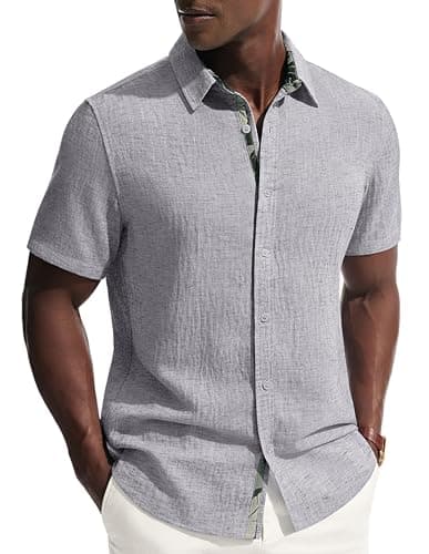 PJ PAUL JONES Men's Short Sleeve Button Down Shirt Casual Linen Summer Beach Wedding Dress Shirt Silver Gray - Image 1
