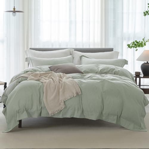 ELIMMO Cooling Twin Duvet Cover Set-100% Washed Cotton with Chic Wide Trim Design Linen Like Textured Ultra Soft Cozy Bedding with Zipper Closure(Hemmed Sage Green,Twin/Twin XL 68"x90") - Image 1