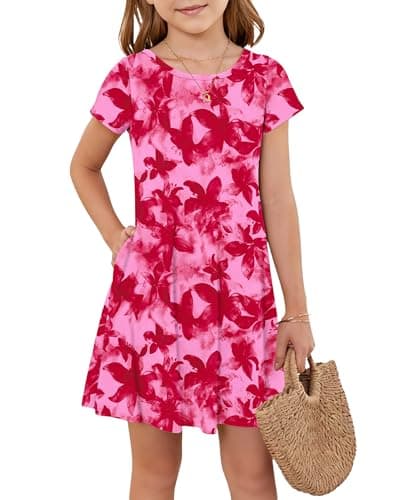 Girls Round Neck Summer Floral Short Sleeve Dress Kids Casual A line Beach Spring Dress with Pockets 2026 Red Flower Stamen 15-16 Years - Image 1