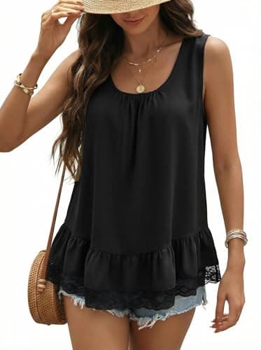 Dokotoo Summer Womens Tank Tops Lightweight Sleeveless Casual Tops for Women Loose Fit Lace Trim Camisole Top Summer Daily Wear Boho Outfits Beach Vacation Outfits Casual Black Tank Top S - Image 1