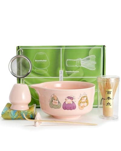 Matcha Whisk Tea Set Kit Japanese Matcha Kit - Matcha Bowl, Matcha Whisk and Holder, Bamboo Scoop, Scoop Rest, Sifter and Tea Towel - for Tea Ceremony Breakfast Lattes - Home Kitchen Christmas(Pink) - Image 1