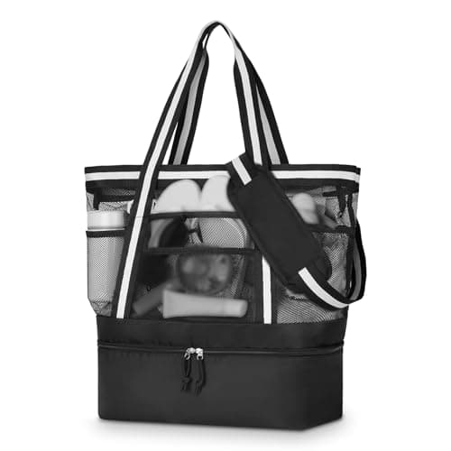WOOMADA Beach Tote Bag With Cooler, Large Mesh Beach Bags for Women with Wet Pocket, Pool, Swim, Travel Essentials(Black White) - Image 1