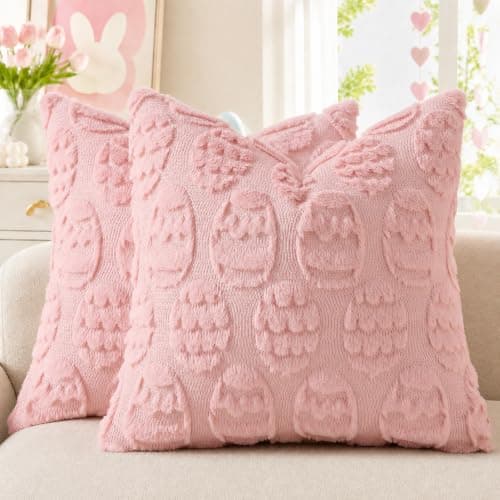 decorUhome Pink Faux Fur Egg Throw Pillow Covers 18x18 Set of 2