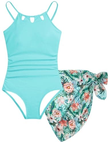 Girls Swimsuit One-Piece Bathing Suits for Teens Size 10-12 Hawaiian Trajes De Baño para Niñas Juniors Swim Cover Up Skirt Kids Tropical Cut Out Adjustable Straps Quick Dry Modest Swimwear Light Cyan - Image 1