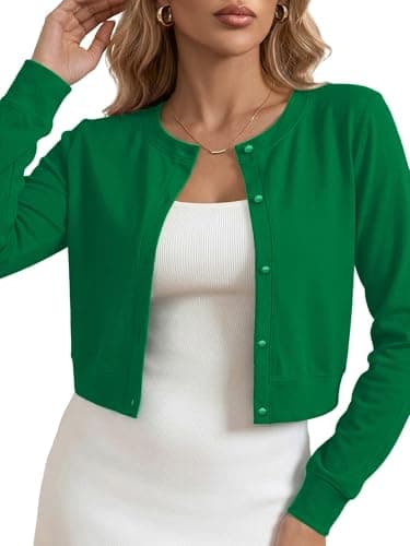 Heymoments Women Bolero Shrug Green X-Large Cropped Lightweight Cardigan Button Down Long Sleeve Crewneck Casual Ladies Open Front Knit Coat Fall Tops Sweater for Dresses Jean - Image 1