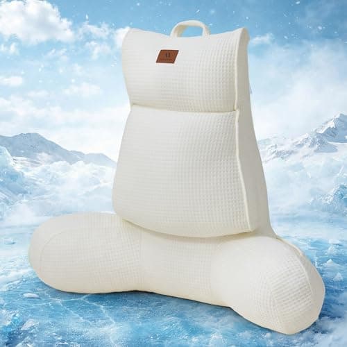 Amélie Home Cooling Reading Pillow with Arms for Adults, Breathable Waffle Fabric Bed Rest Pillow for Sitting Up, Ergonomic Back Support with Pockets for Gaming Relaxing, Ivory, 25 Inches - Image 1