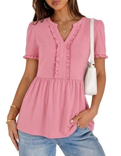MEROKEETY Women's Summer Peplum Tunic Blouse 2026 Babydoll Tops Ruffle Short Sleeve V Neck Casual Loose T Shirts, Pink, Medium - Image 1