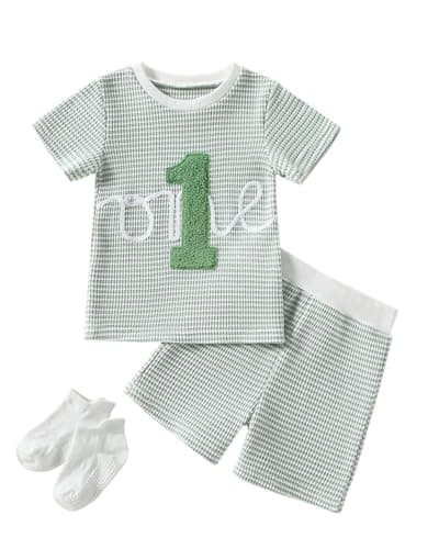 ChuYuKu Baby Boy 1st Birthday Outfit Waffle Knit One Short Sleeve T-Shirt and First Birthday Shorts Set Spring Summer - Image 1