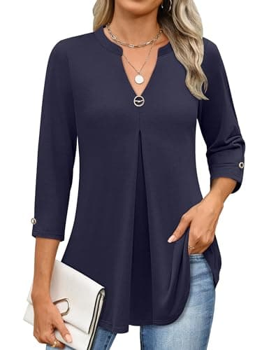 ANRABESS Womens Tops Business Dressy Casual Blouses 3/4 Length Sleeve Shirts 2026 Fall Work Tunic Tee TShirts Office Outfits Navy Blue Small - Image 1