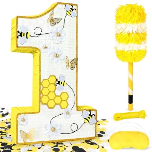 Bee Pinata - Yellow Number 1 Shape, 27 x 16 x 3 In - Honeycomb & Dasiy Accents for First Bee Day Party, Includes 24" Bat Stick, Eye Mask, Rope - Image 1