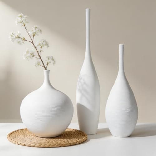 DecoVlog White Ceramic Vase Set of 3, Modern Boho Vases for Centerpiece Decor, Matte Minimalist Decorative White Vases Home Decor, for Living Room, Bookshelf, and Entryway Table Decor - Image 1