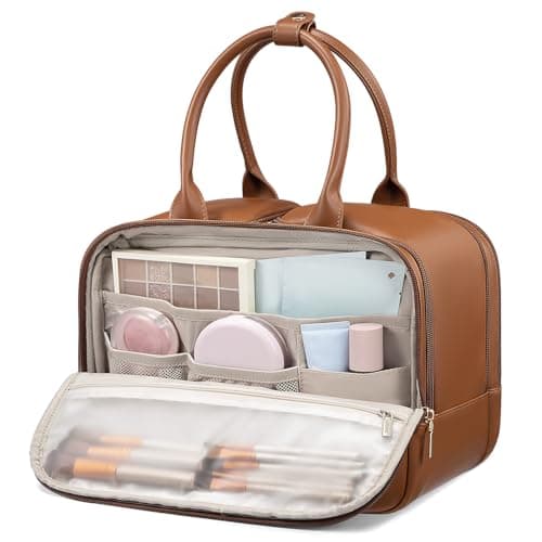 LOVEVOOK Travel Toiletry Bag for Women, Leather Large Wide-open Makeup Bag, Waterproof Cosmetic Bag Organizer for Shower, Traveling, Toiletries, Bathroom - Image 1