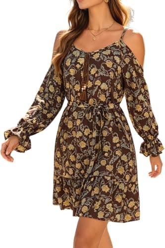 Women's Off the Shoulder Spaghetti Strap Coffee Chocolate Brown and Yellow Floral Print Long Sleeve Shift Belt Dress Ruffle Flowy Midi Sundress with Pockets 2026 Casual Beach Bohe Cover Up Dress - Image 1