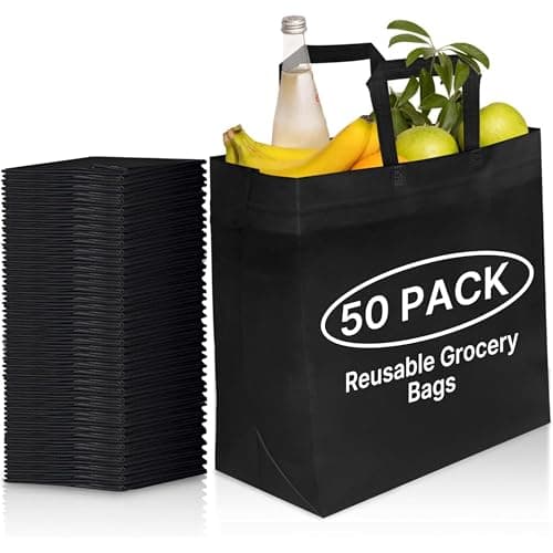 Simply Cool 50 Pack Black Reusable Eco-Friendly Grocery Shopping Bags 12.6"x6.3"x11.8" Durable, Recyclable Shopping Bags Washable, Foldable, Portable Tote Bags Bulk - Image 1