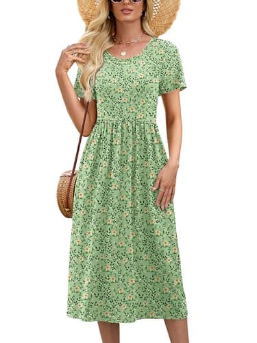 Heymoments Midi Dress for Women Floral Print X-Large Wedding Guest A line Crewneck Short Sleeves Casual Flowy Swing Cocktail Slimming Birthday Party Summer Travel Long Midi Dresses - Image 1